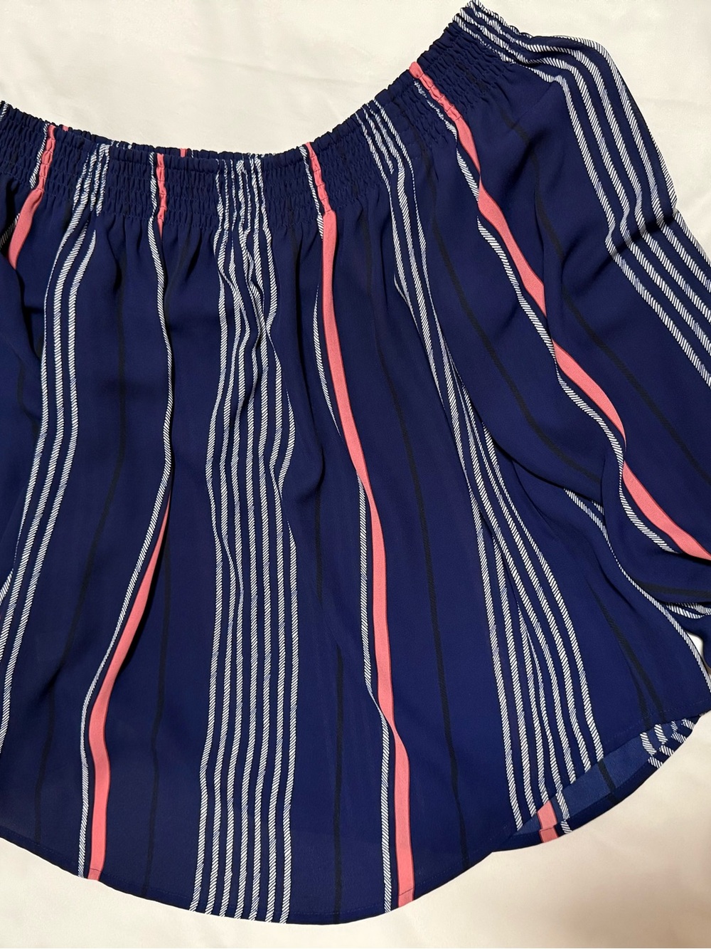 Express Navy Blue Vertical Stripe Off-Shoulder Top with Pink Accents